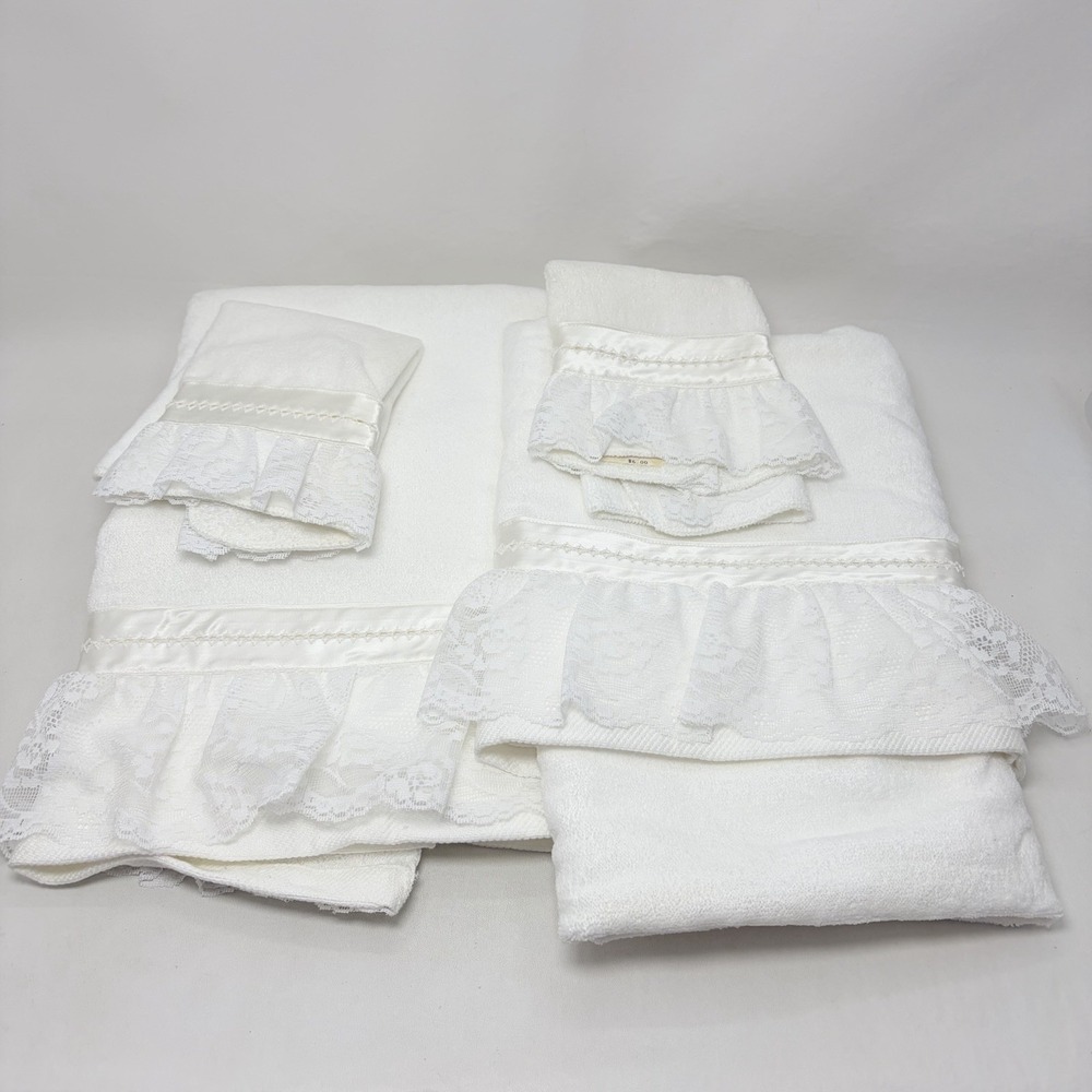 4 Vtg Ames White Lace Ribbon Cotton 2 Guest Towels 2 Washcloth Grannycore Bath